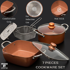 7 Pcs Copper Pots and Pans Set, Copper Chef Cookware Non Stick, Square Copper Pa