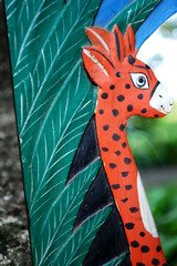 Vtg Hand Carved Painted WOOD MIRROR Jungle Giraffes 18.5″ Orange Green Blk BALI