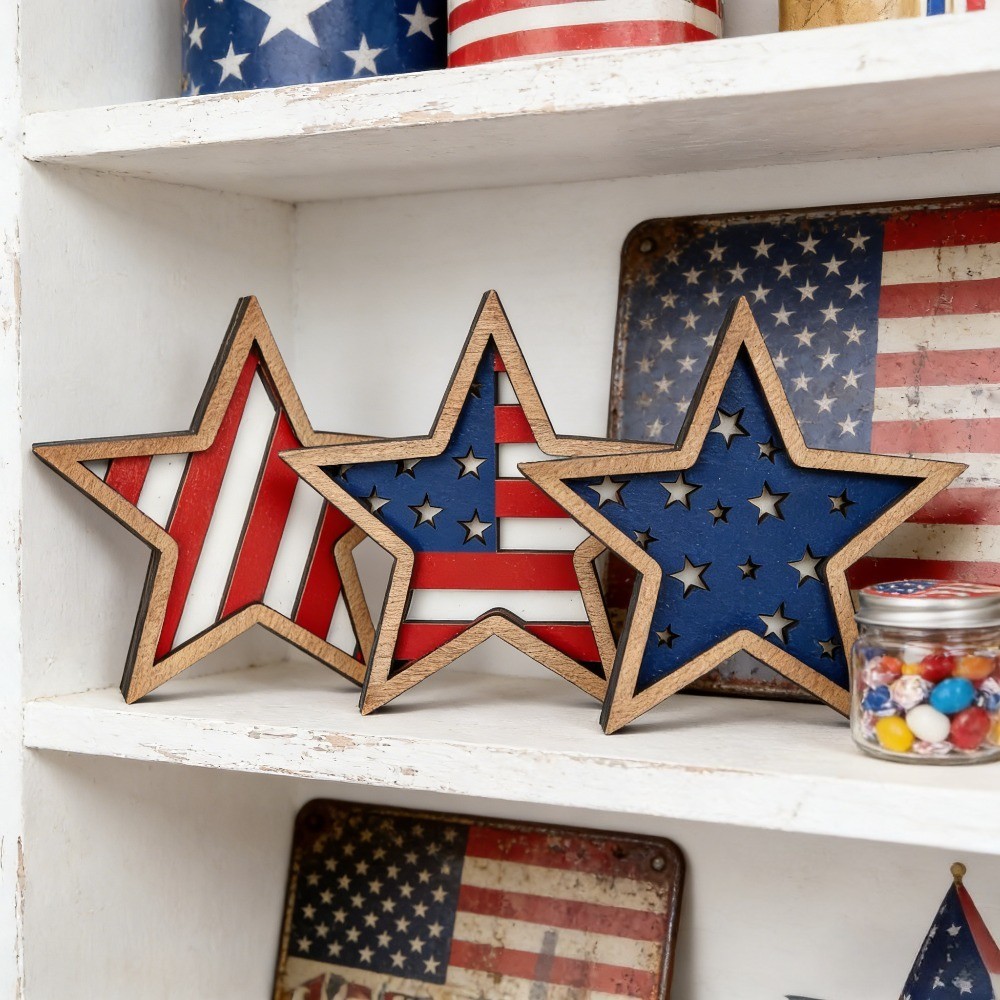 3Pcs Patriotic Wooden Star Decor American Flag Tabletop Ornament for 4th of July