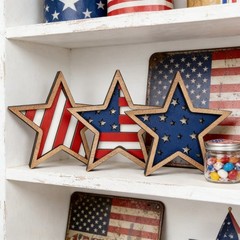 3Pcs Patriotic Wooden Star Decor American Flag Tabletop Ornament for 4th of July