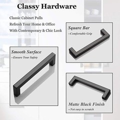 Matte Black Square Modern Cabinet Handles Pulls Kitchen Drawer Stainless Steel