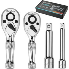 DURATECH 4PCS 1/4″ 3/8″ Drive Stubby Ratchet Set with 2 Extension Bar 72-Tooth