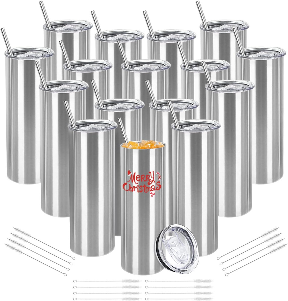16 Pack Insulated Stainless Steel Tumblers 20oz with Lid & Straw – DIY Gift