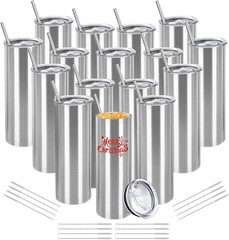 16 Pack Insulated Stainless Steel Tumblers 20oz with Lid & Straw – DIY Gift