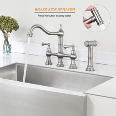 8 Inch Centerset Bridge Kitchen Faucet with Brass Side Sprayer 2 Handles 4 Holes