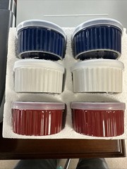 NIP 6 STONEWARE 3.25″ BOWLS w/ LIDS, NEVER USED, RED / WHITE / BLUE, JOBAR INTNL