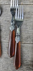 6 Pcs Stainless Steel Made In China Flatware Set Amber Color Bakelite? Acrylic?