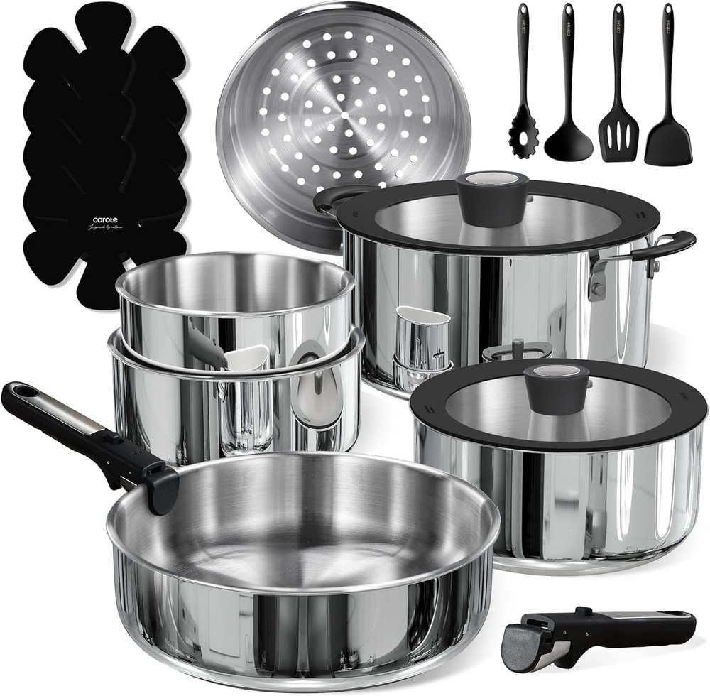 18Pcs Stainless Steel Cookware Set with Detachable Handle, Nonstick