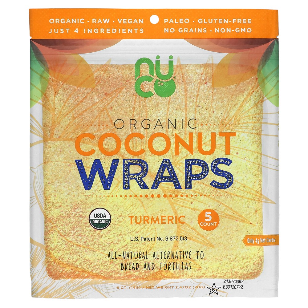 Organic Coconut Wraps, Turmeric, 5 Wraps (14 g) Each