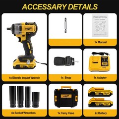 20V Cordless Impact Wrench Kit with 2 Batteries & Charger Brushless Motor