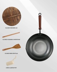 Wok Pan 125 Inch Carbon Steel Flat Bottom Stir Fry Pan with Lid for All Stoves