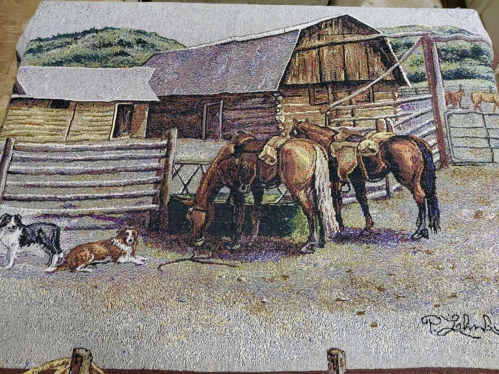 Horses & Barn Afghan Throw Tapestry Blanket 58×48 in P. Johnbuhl