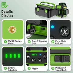 Huepar 3×360° Rechargeable Cross Line Self Leveling Lazer Level for Construction