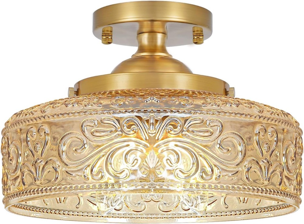 Vintage Gold Semi Flush Mount Ceiling Light with Amber Glass, 3-Light E12
