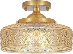 Vintage Gold Semi Flush Mount Ceiling Light with Amber Glass, 3-Light E12