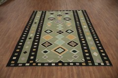 Green Geometric Kilim Area Rug 8×10 Flat-weave Oriental Turkish Any Room Carpet