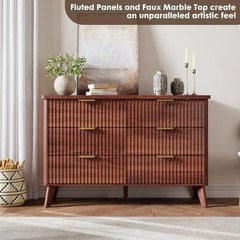 Fluted Dresser TV Stand for Bedroom with 6 Deep Drawers Modern Chest of Drawers