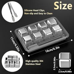 304 Stainless Steel 8Pcs Ice Cubes-Reusable Whiskey Stones, Tong, Storage Box