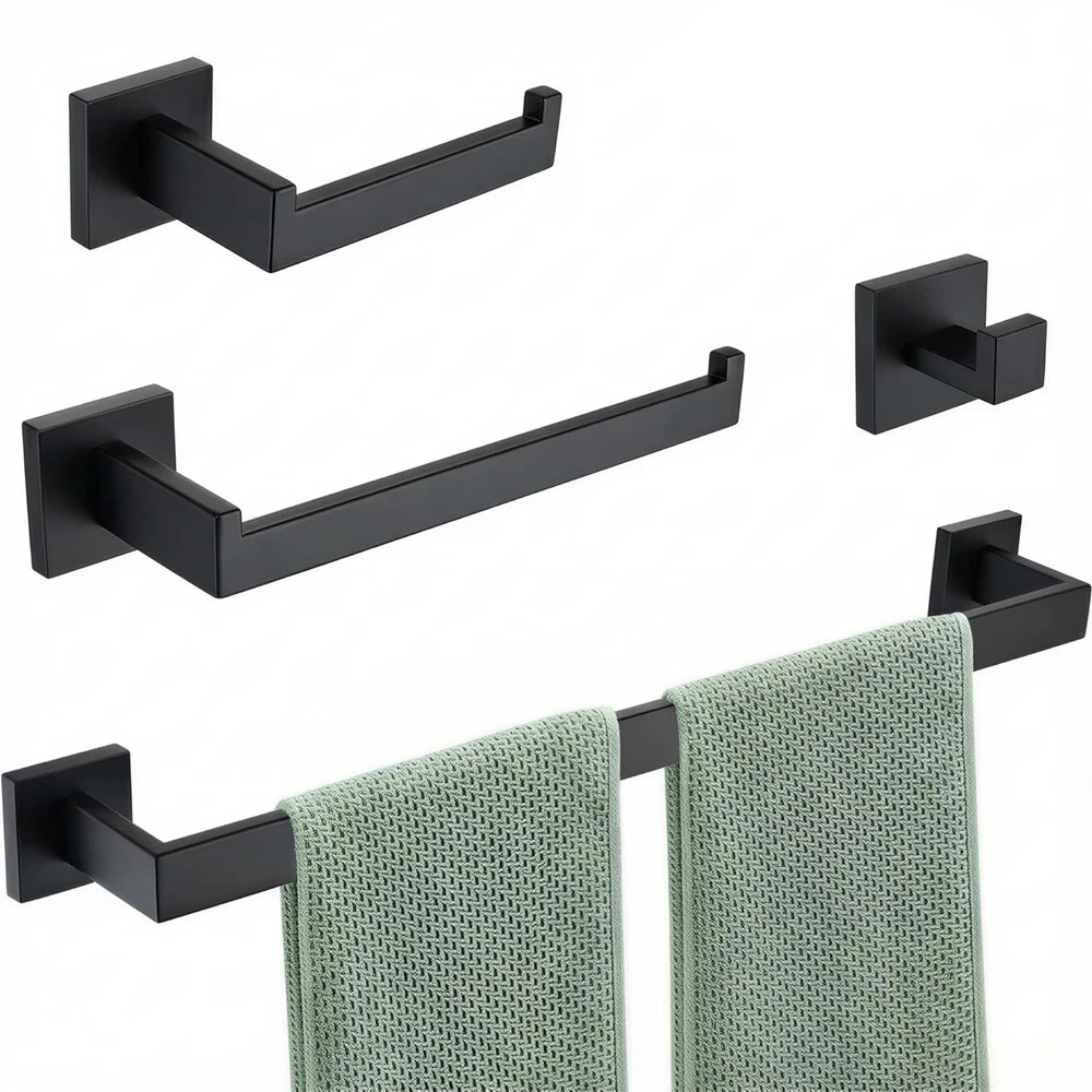Matte Black 4-Piece Complete Bathroom Accessory Set Towel Bar & Hardware Kit