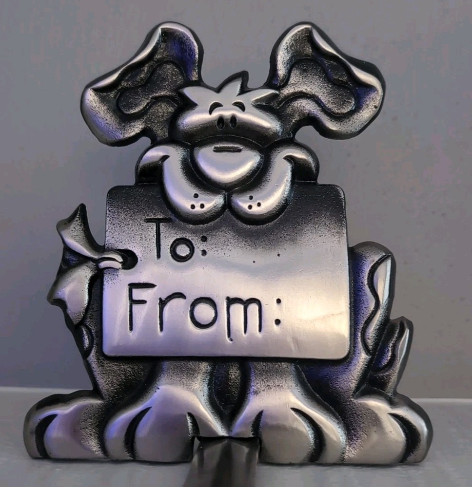 Vintage Cast Iron Silver Dog To/From Christmas Stocking Hanger