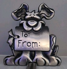 Vintage Cast Iron Silver Dog To/From Christmas Stocking Hanger
