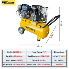OMORFO 13 Gallon GAS POWERED Air Compressor, 7HP, 10CFM@145PSI or 14CFM@116PSI