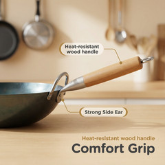 13.5″ Carbon Steel Flat Bottom Wok Hand Hammered,Pre-Seasoned,Works on All Stove
