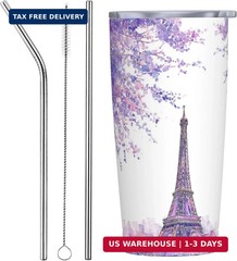 Paris Eiffel Tower Tumbler with Lid and Straw 20 oz Stainless Steel Cup Vacuum I