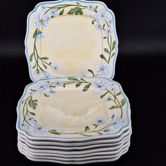 8 Vtg Daisy Chain Block 2001 Dinner Plates Lt. Blue White Yellow Daises 10.5″