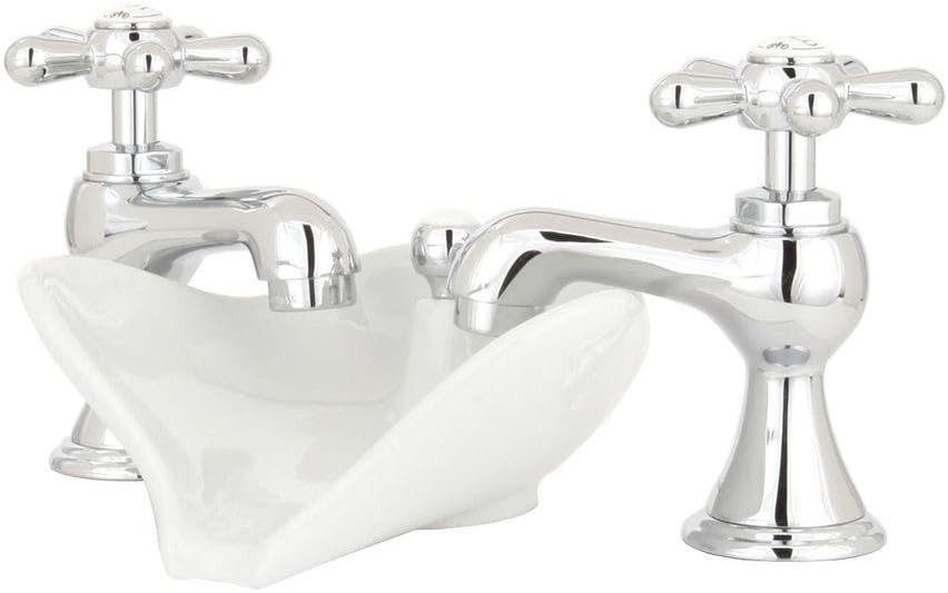 Vintage Wide Spread Bathroom Sink Faucet Cross Handles Porcelain Basin Chrome
