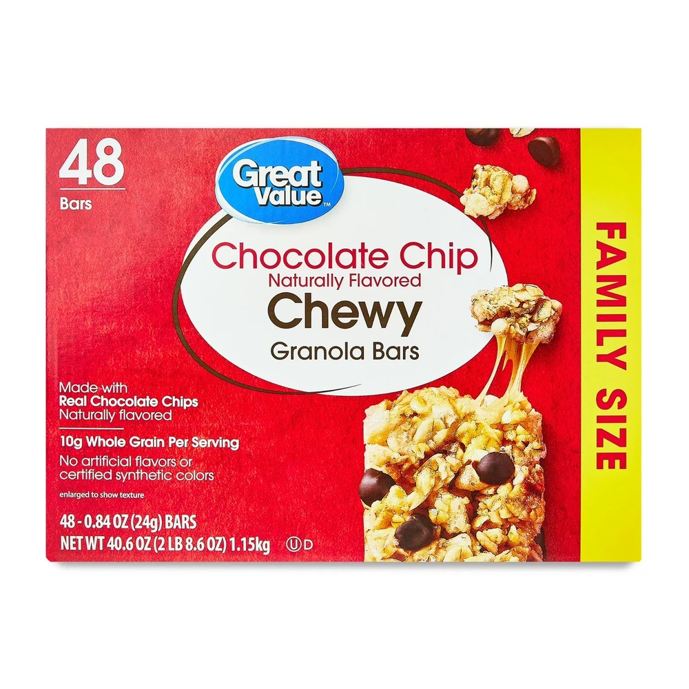 Chocolate Chip chewy granola bars, family size, 0.84 oz Paper Box, 48 count.