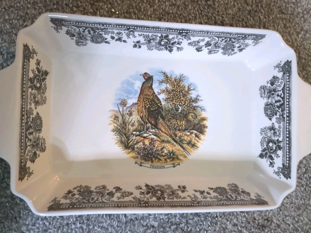 Churchill Vintage Game Pheasant Rectangular Porcelain Baking Dish Black Floral