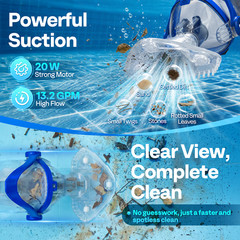 Cordless Pool Vacuum Cleaner 13.2GPM Handheld Rechargeable for Pools & Spas Blue