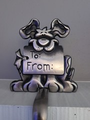 Vintage Cast Iron Silver Dog To/From Christmas Stocking Hanger