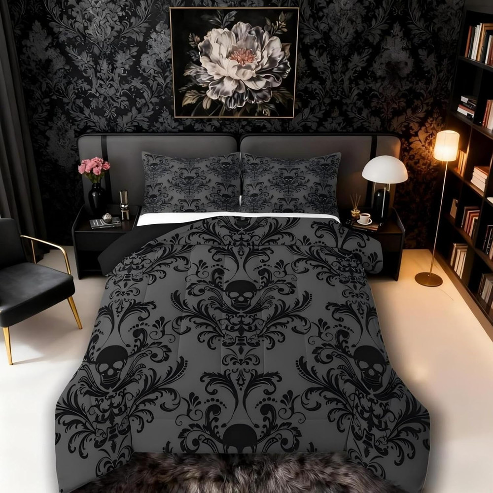 Adults Black Damask Bedding Comforter Sets Antique Victorian Baroque Queen Comfo