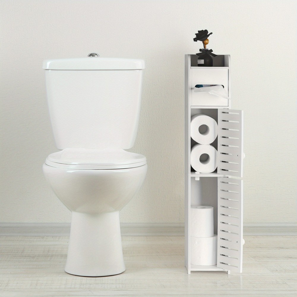 Toilet Paper Holder Stand, Small Bathroom Storage Cabinet with Doors and Shelves