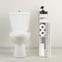 Toilet Paper Holder Stand, Small Bathroom Storage Cabinet with Doors and Shelves