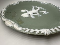 Vintage German Jasperware CUPID Green Wall Hanging/ Decorative Dish 4.25in