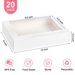 Bakery Boxes with Window, 12x8x2.5 Inches, 20 PCS, White