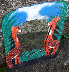 Vtg Hand Carved Painted WOOD MIRROR Jungle Giraffes 18.5″ Orange Green Blk BALI