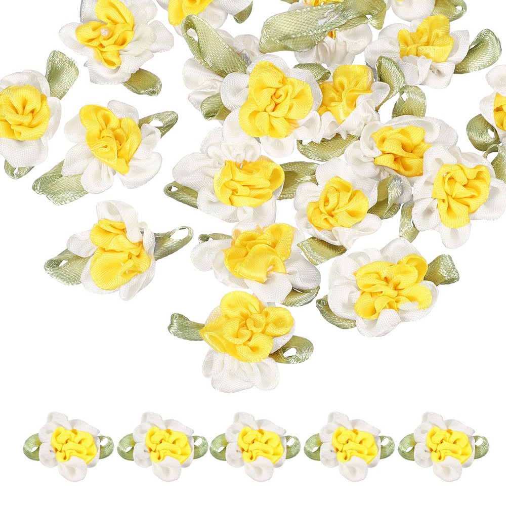 20Pcs Ribbon Flowers 1.2″ Fabric Flowers Satin Ribbon White/Yellow