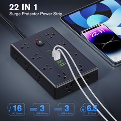 Power Strip Surge Protector with 16 Outlets 3 USB A and 3 USB C Ports Flat Plug