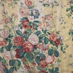Custom-made vintage yellow-and-white floral stripe pinch-pleated curtains and va