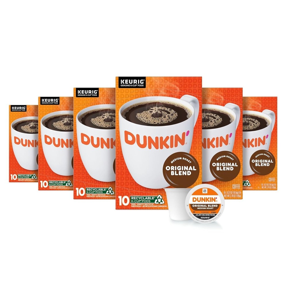 Dunkin’ Original Blend Coffee, Medium Roast, K-Cup Pods, 10 Count Boxes (Pack 6)