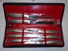 Vintage NOS Japan High Carbon Surgical Steel Carving Set & 6 Steak Knives