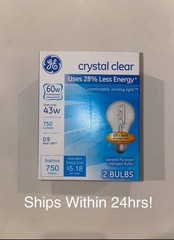GE Crystal Clear 60W (Uses 43W) A19 Bulbs (2 Bulbs)