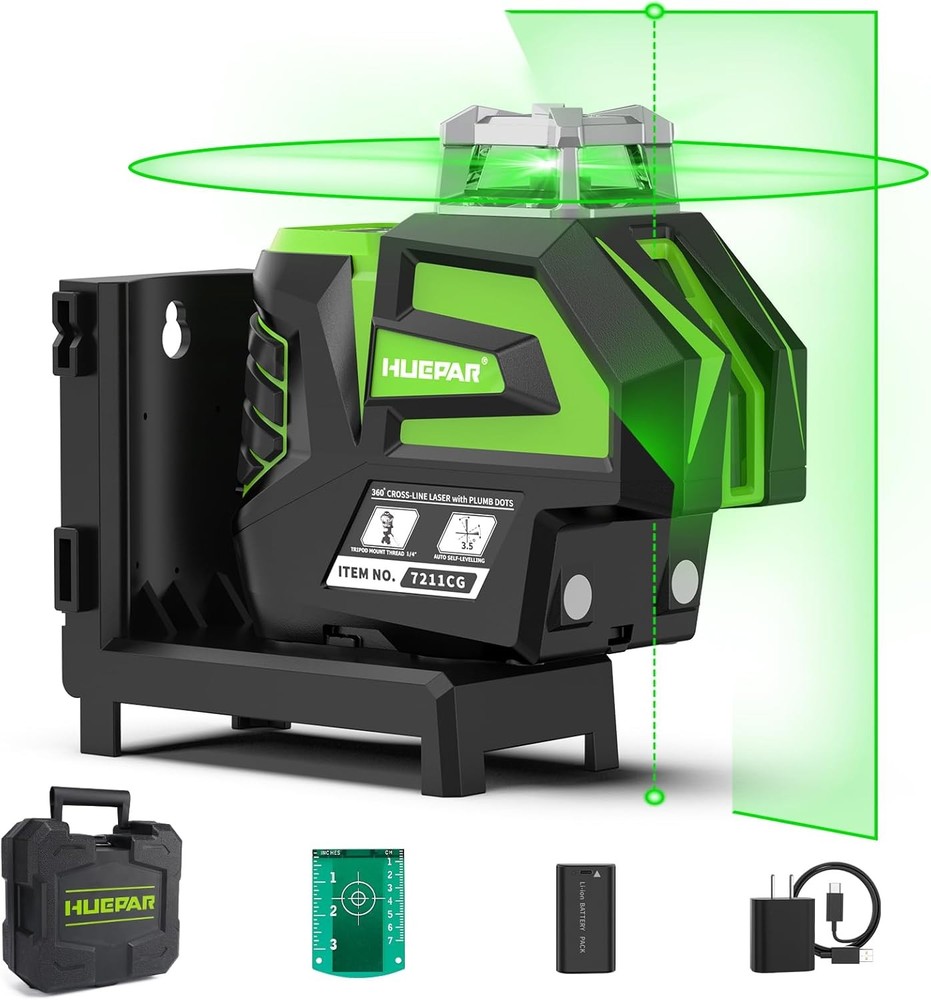 360° Green Cross Line Laser Level with 2 Plumb Dots and Magnetic Bracket