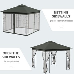 10′ x 10′ Outdoor Patio Gazebo Canopy Roof Steel Frame w/ Mesh Sidewalls, Grey