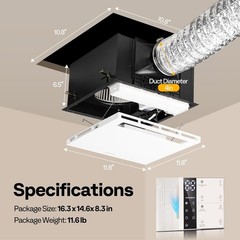 160 CFM Bathroom Exhaust Fan with LED Light, 1800W PTC Heater & Humidity Sensor
