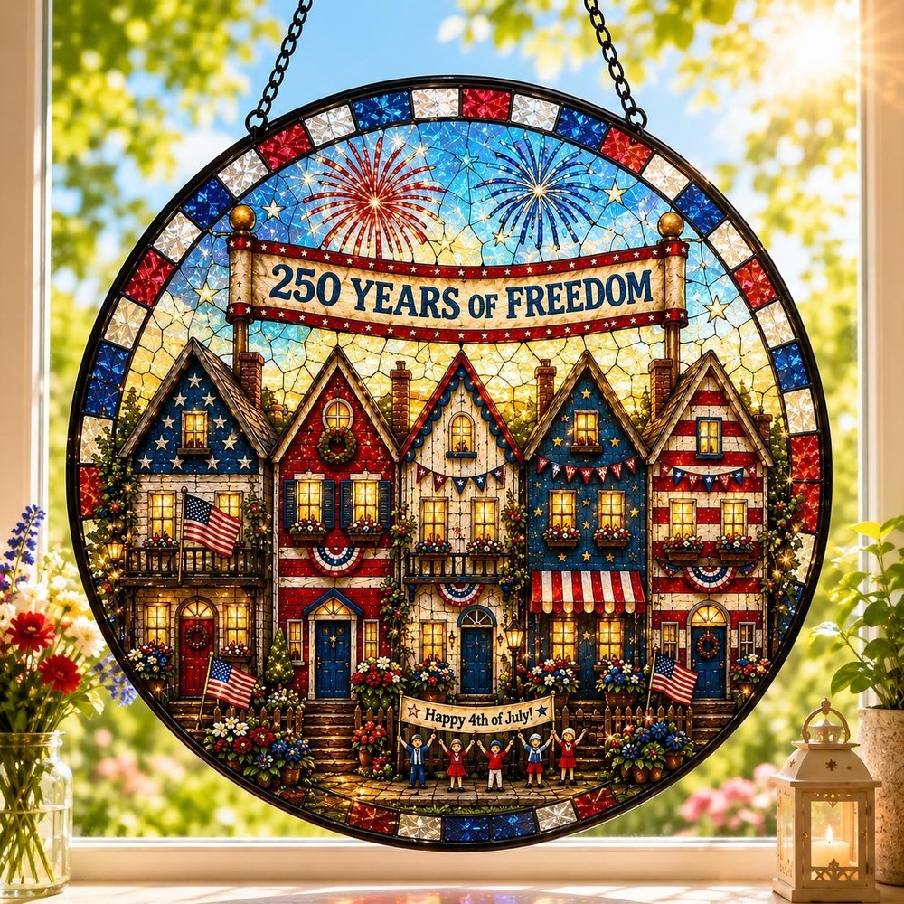 250 Years of Freedom Glass Suncatcher, Patriotic Window Hanging, 4th of July Sta